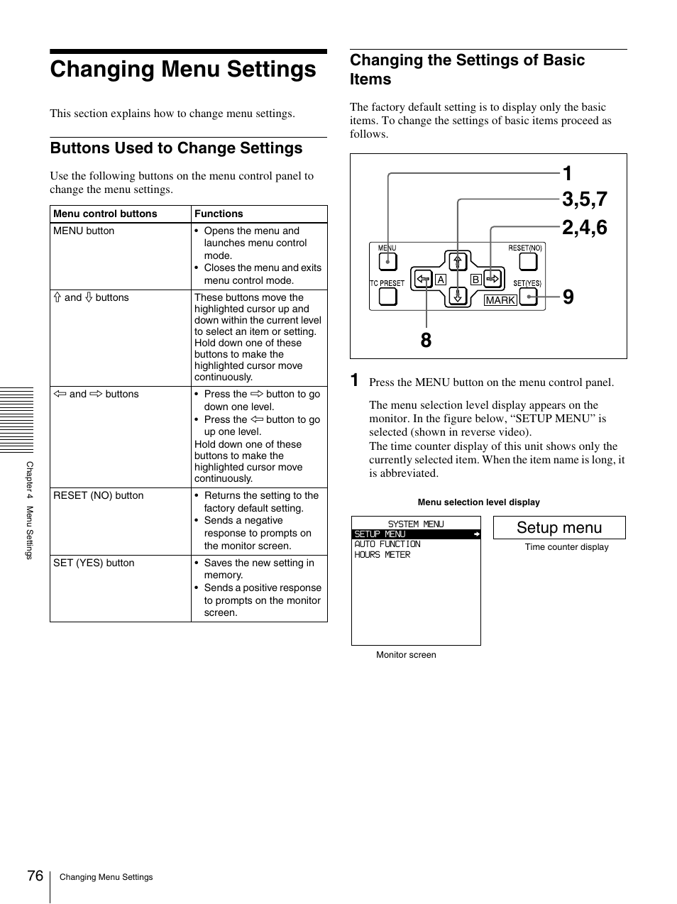 Changing menu settings, Buttons used to change settings, Changing the settings of basic items | Setup menu | Sony DSR-1800AP User Manual | Page 76 / 112