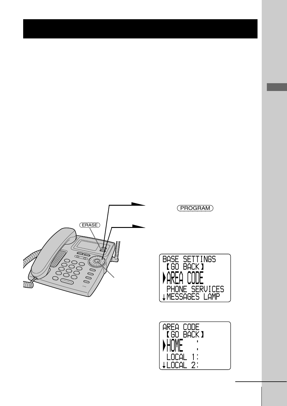 Entering the area code, Step 4: entering the area code, Area code | Home, Step 4 | Sony spp-s2430 User Manual | Page 13 / 80