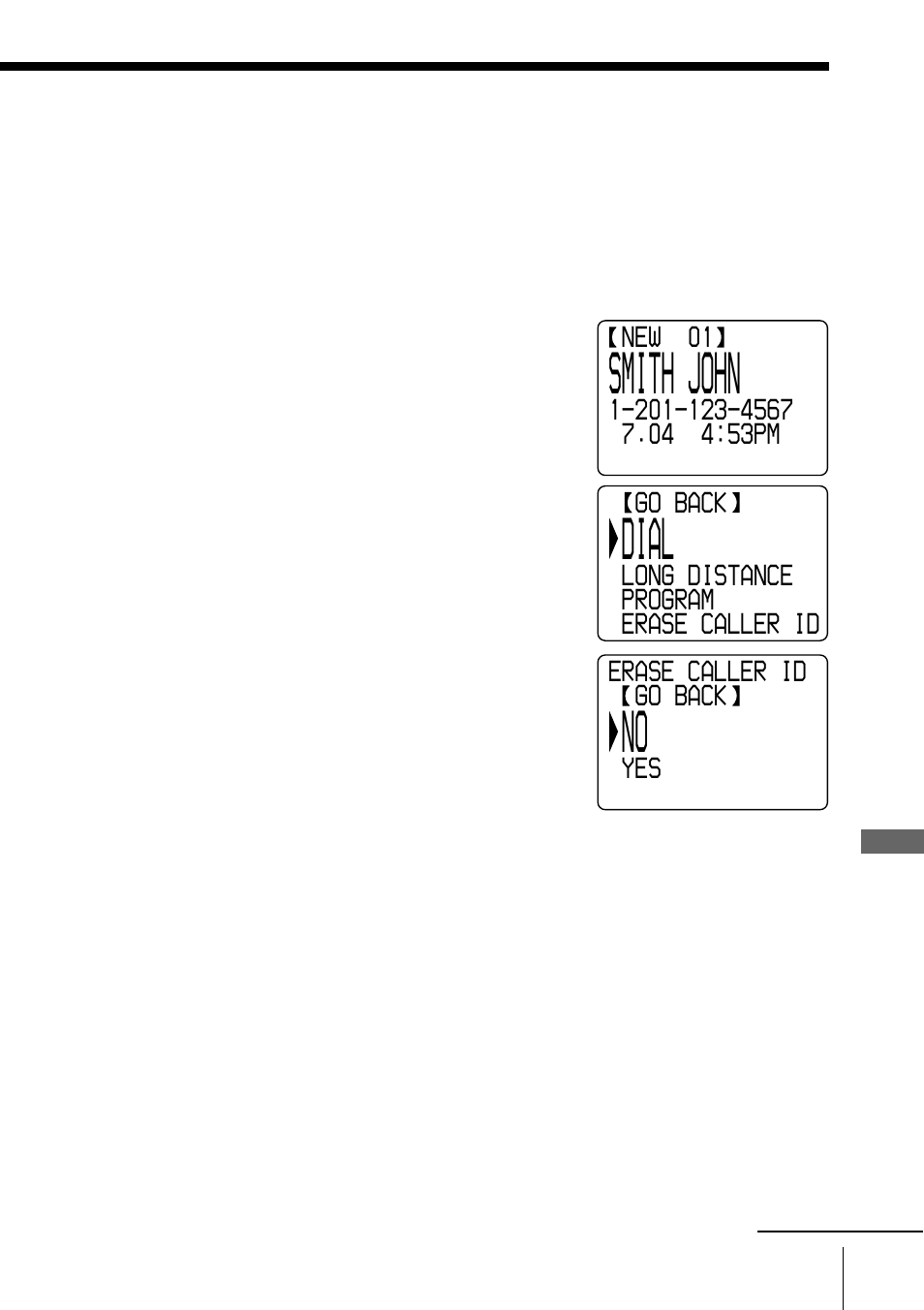 Erasing data from the caller id list, Smith john, Dial | Sony spp-s2430 User Manual | Page 57 / 80