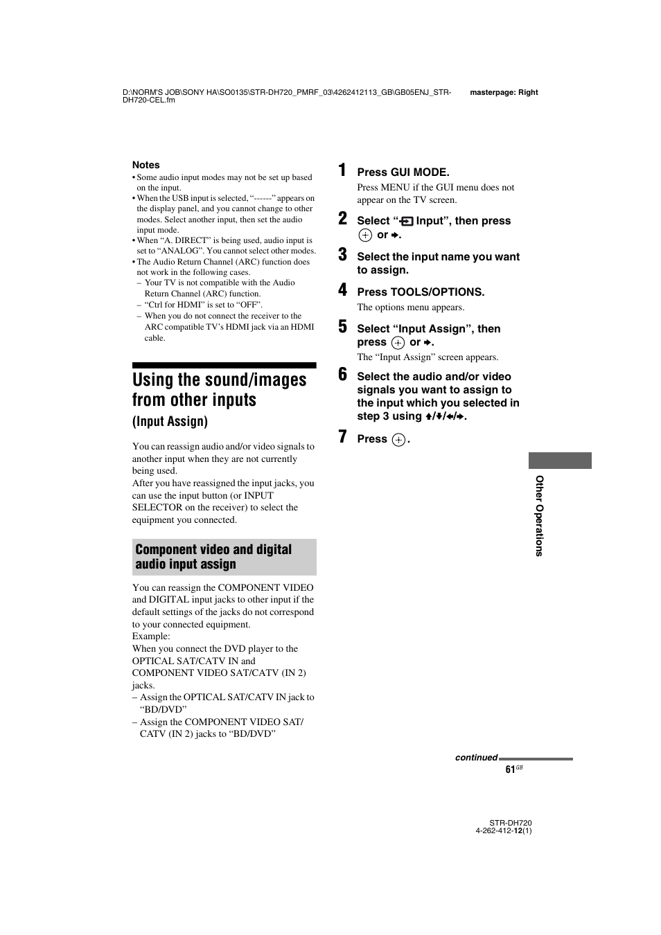 Using the sound/images from other inputs, Input assign) | Sony STR-DH720HP User Manual | Page 61 / 88