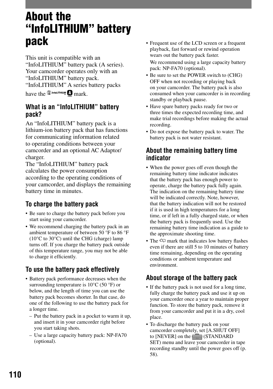 About the “infolithium” battery pack | Sony HANDYCAM DCR-PC1000 User Manual | Page 110 / 123