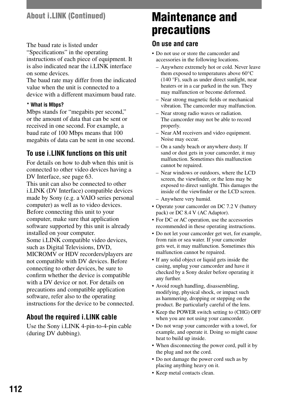 Maintenance and precautions, About i.link (continued) | Sony HANDYCAM DCR-PC1000 User Manual | Page 112 / 123