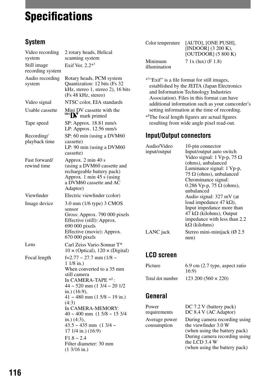 Specifications, Speciﬁcations, System | Input/output connectors, Lcd screen, General | Sony HANDYCAM DCR-PC1000 User Manual | Page 116 / 123