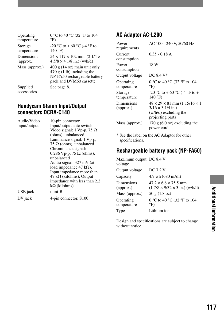 Ac adaptor ac-l200, Rechargeable battery pack (np-fa50), Handycam staion input/output connectors dcra-c140 | Sony HANDYCAM DCR-PC1000 User Manual | Page 117 / 123