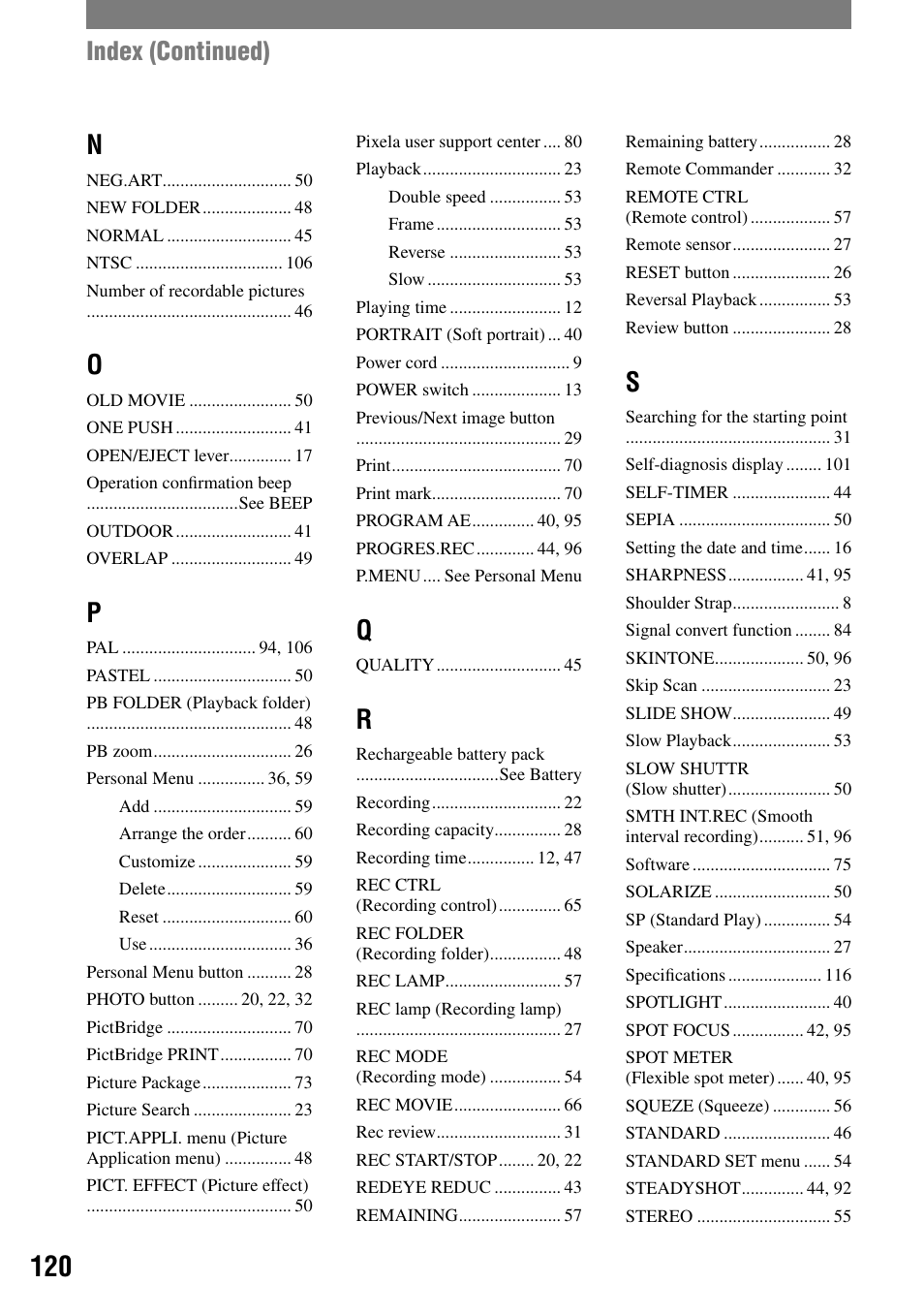 Index (continued) | Sony HANDYCAM DCR-PC1000 User Manual | Page 120 / 123