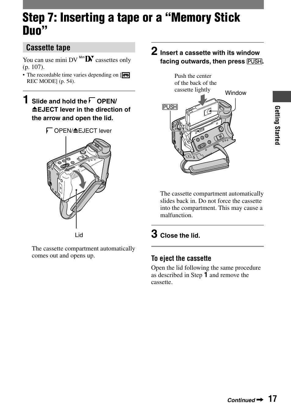 Step 7: inserting a tape or a “memory stick duo | Sony HANDYCAM DCR-PC1000 User Manual | Page 17 / 123