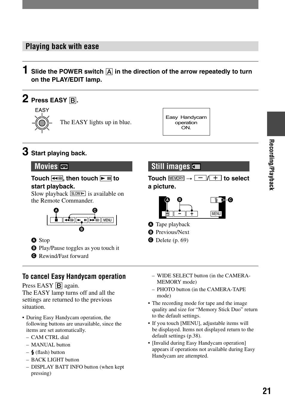 Playing back with ease, Movies, Still images | Sony HANDYCAM DCR-PC1000 User Manual | Page 21 / 123