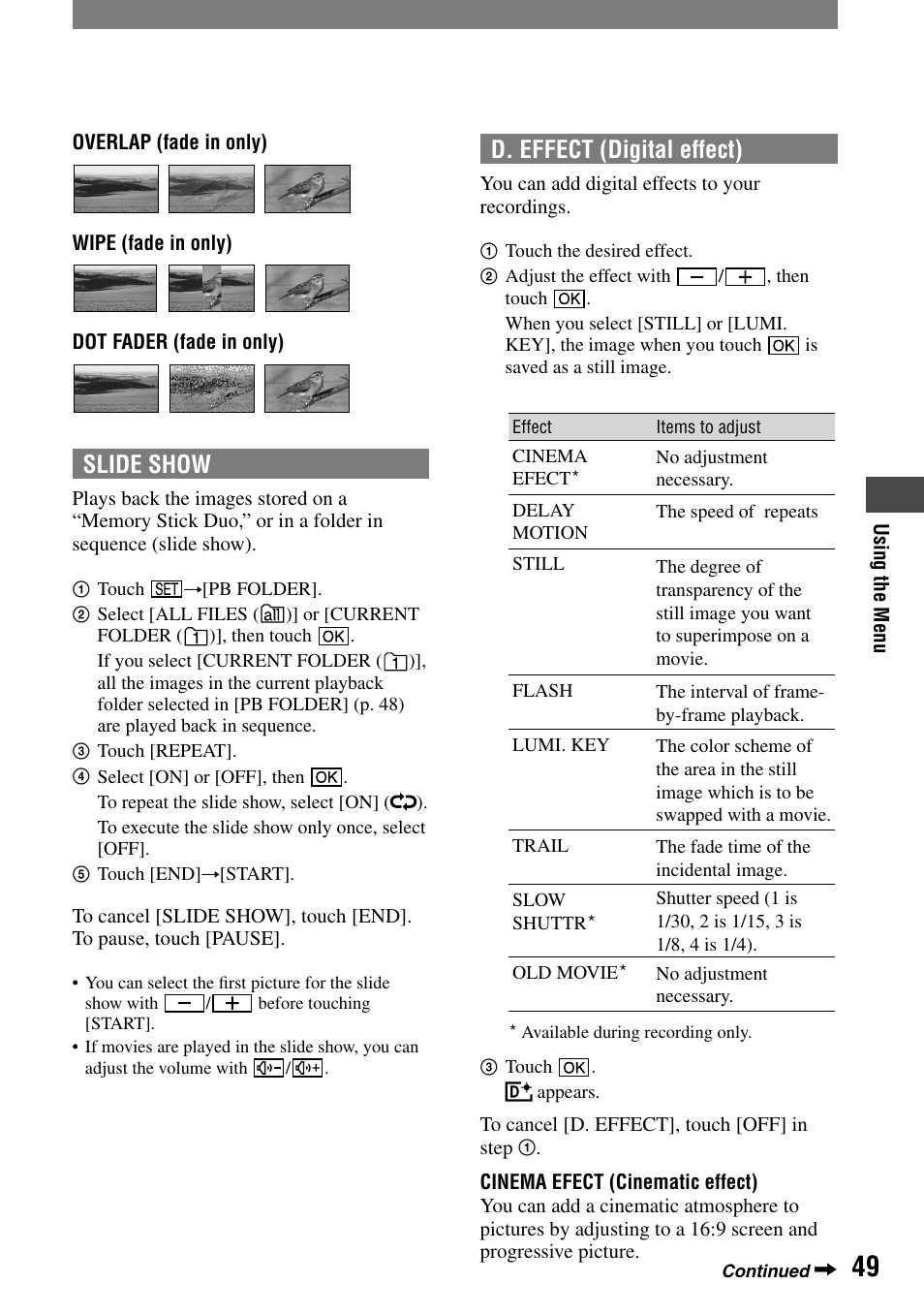 Slide show, D. effect (digital effect) | Sony HANDYCAM DCR-PC1000 User Manual | Page 49 / 123