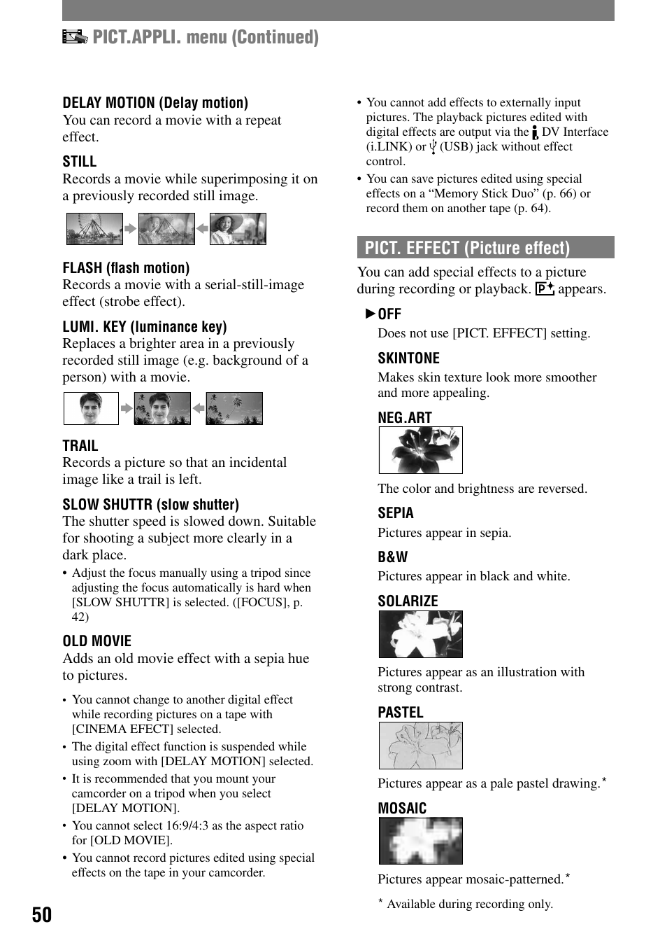 Pict.appli. menu (continued), Pict. effect (picture effect) | Sony HANDYCAM DCR-PC1000 User Manual | Page 50 / 123
