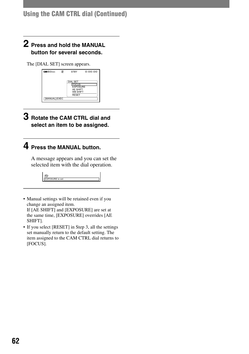 Using the cam ctrl dial (continued) | Sony HANDYCAM DCR-PC1000 User Manual | Page 62 / 123