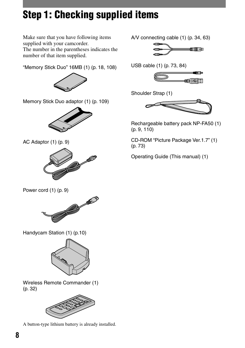 Getting started, Step 1: checking supplied items | Sony HANDYCAM DCR-PC1000 User Manual | Page 8 / 123