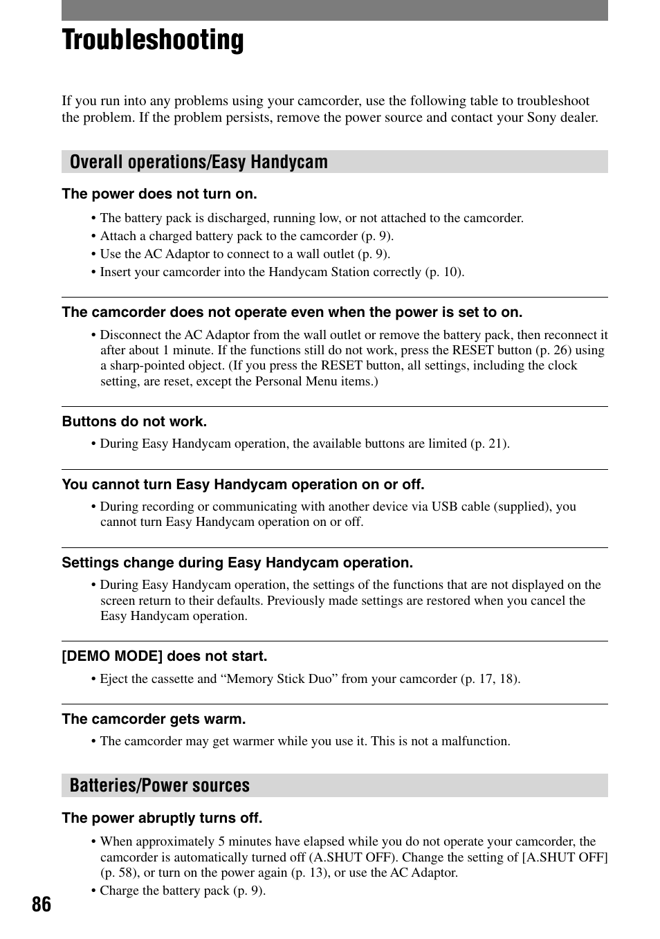 Troubleshooting, Overall operations/easy handycam, Batteries/power sources | Sony HANDYCAM DCR-PC1000 User Manual | Page 86 / 123