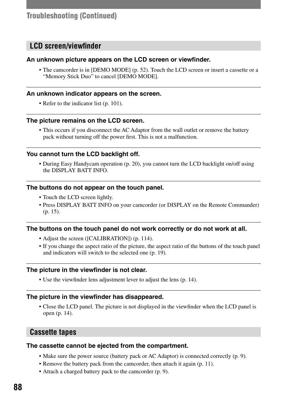 Lcd screen/viewﬁnder, Cassette tapes, Troubleshooting (continued) | Sony HANDYCAM DCR-PC1000 User Manual | Page 88 / 123
