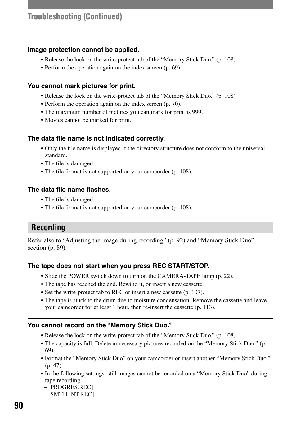 Recording, Troubleshooting (continued) | Sony HANDYCAM DCR-PC1000 User Manual | Page 90 / 123