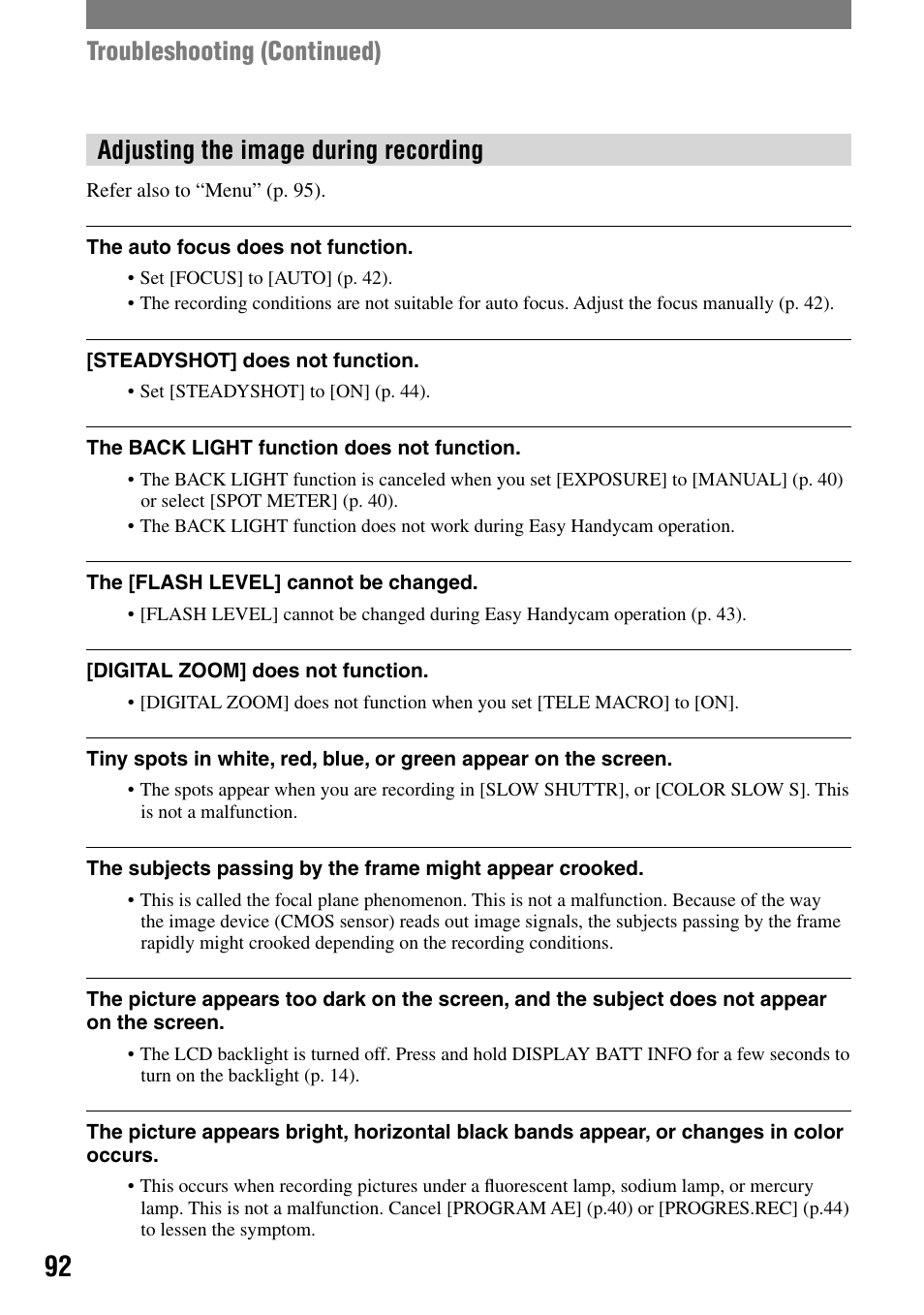 Adjusting the image during recording, Troubleshooting (continued) | Sony HANDYCAM DCR-PC1000 User Manual | Page 92 / 123