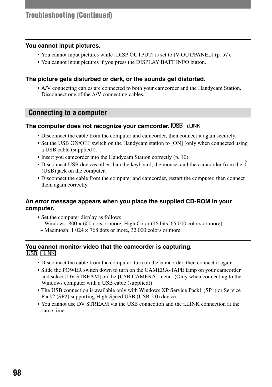 Connecting to a computer, Troubleshooting (continued) | Sony HANDYCAM DCR-PC1000 User Manual | Page 98 / 123
