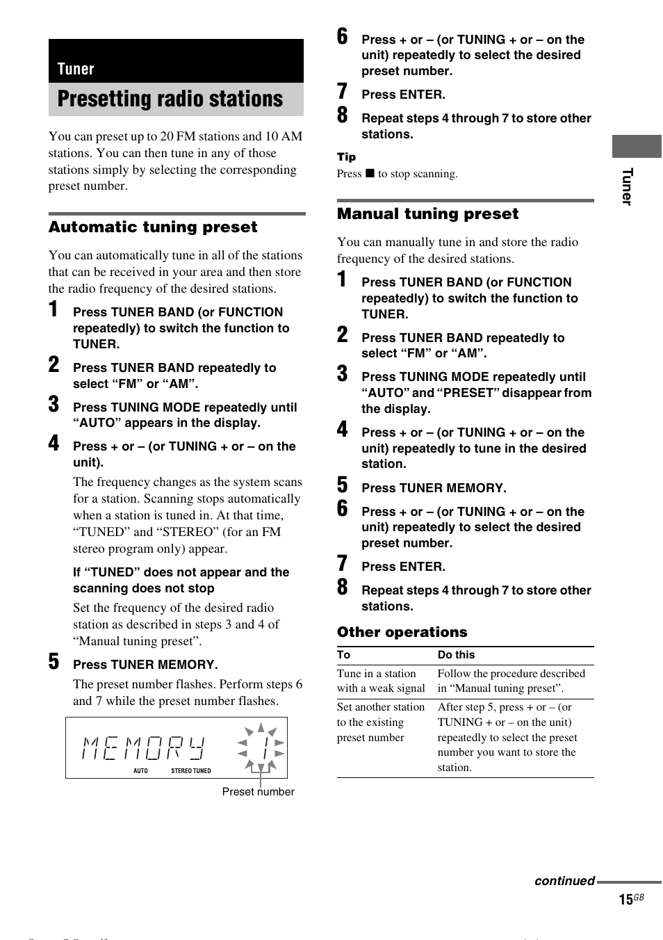 Tuner, Presetting radio stations | Sony CMT-CPZ1 User Manual | Page 15 / 36