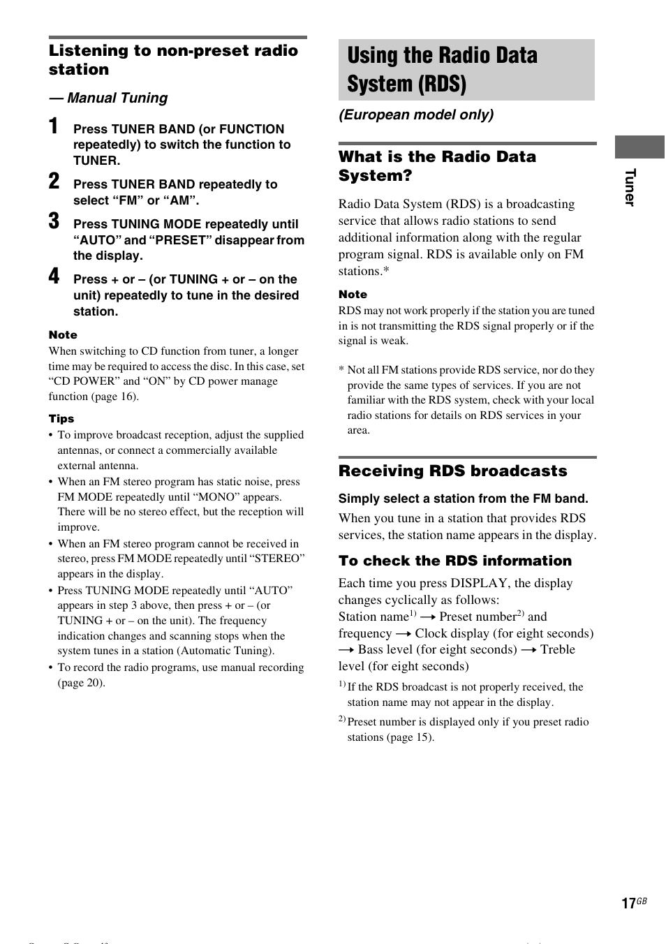 Manual tuning, Using the radio data system (rds), European model only) | Listening to non-preset radio station, What is the radio data system, Receiving rds broadcasts | Sony CMT-CPZ1 User Manual | Page 17 / 36
