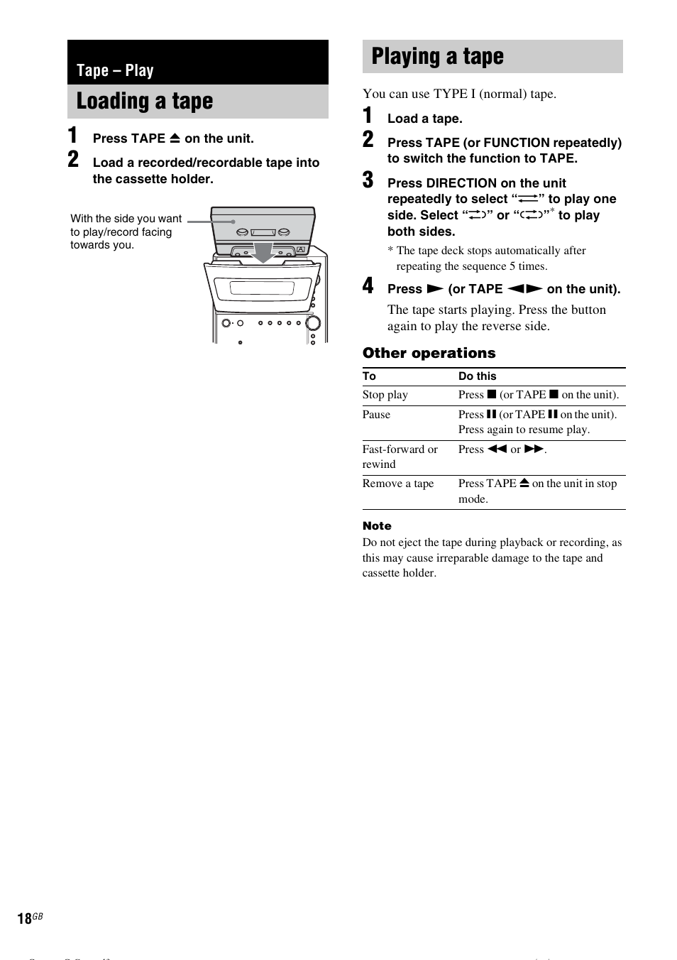Tape - play, Loading a tape, Playing a tape | Tape – play, Loading a tape playing a tape | Sony CMT-CPZ1 User Manual | Page 18 / 36