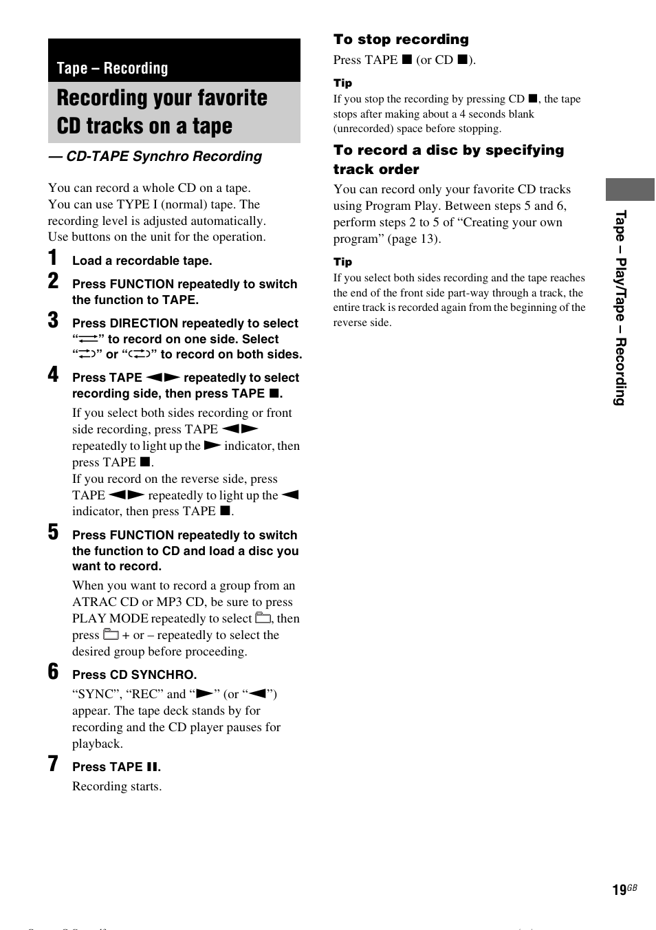 Tape - recording, Recording your favorite cd tracks on a tape, Cd-tape synchro recording | Tape – recording, Recording your favorite cd tracks on a, Tape — cd-tape synchro recording | Sony CMT-CPZ1 User Manual | Page 19 / 36
