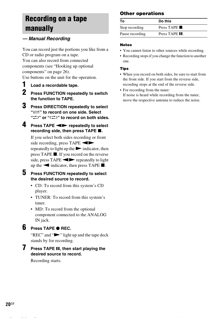 Recording on a tape manually, Manual recording | Sony CMT-CPZ1 User Manual | Page 20 / 36