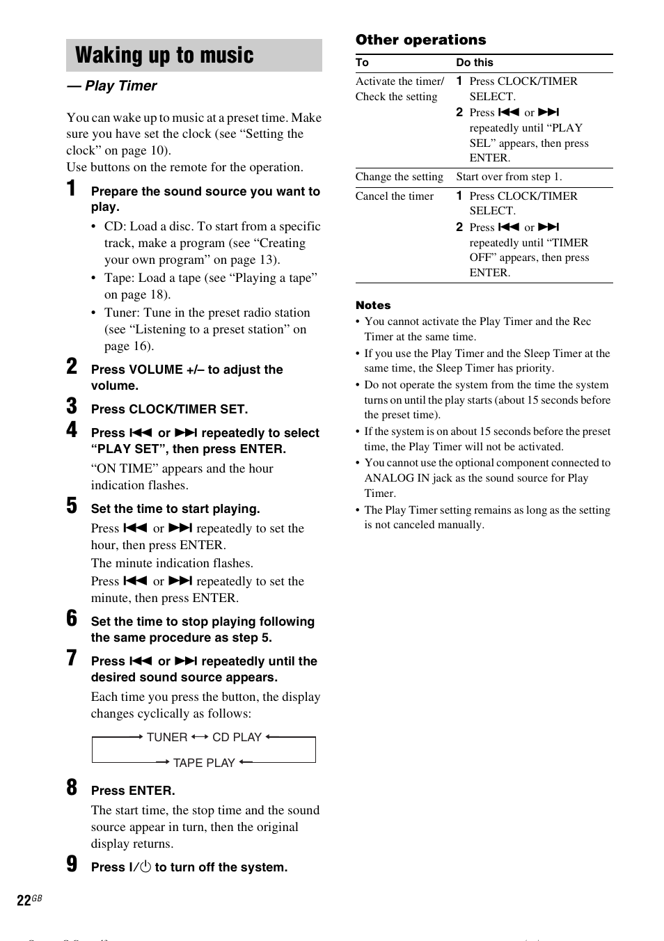 Waking up to music, Play timer | Sony CMT-CPZ1 User Manual | Page 22 / 36