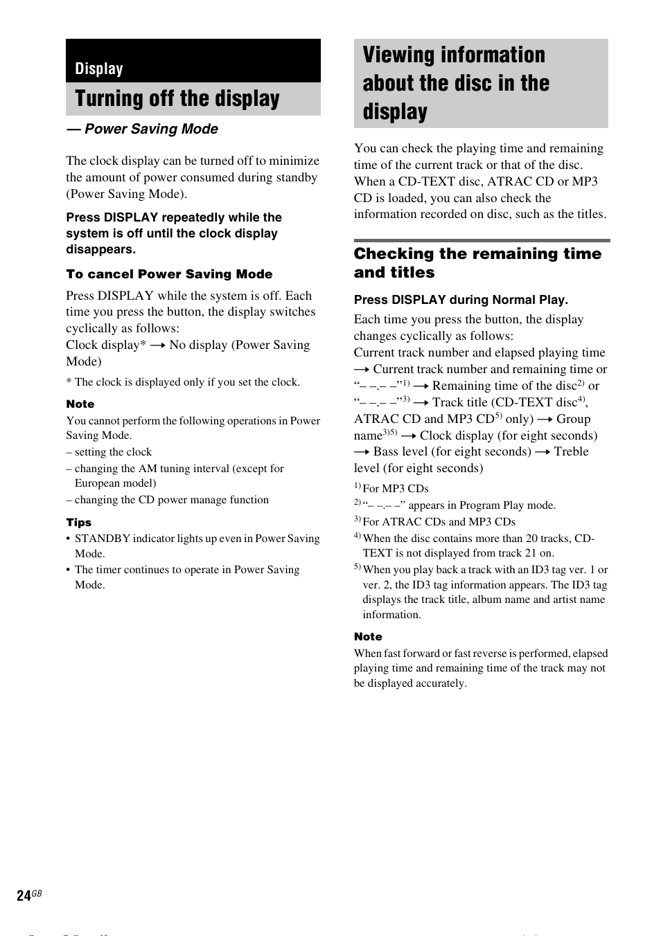 Display, Turning off the display, Power saving mode | Viewing information about the disc in the display, Viewing information about the disc in the, Checking the remaining time and titles | Sony CMT-CPZ1 User Manual | Page 24 / 36