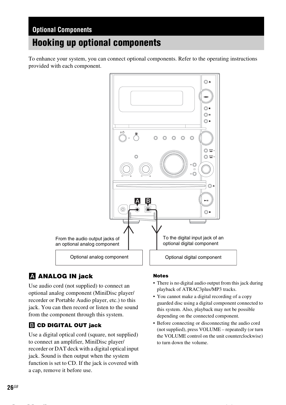 Optional components, Hooking up optional components | Sony CMT-CPZ1 User Manual | Page 26 / 36