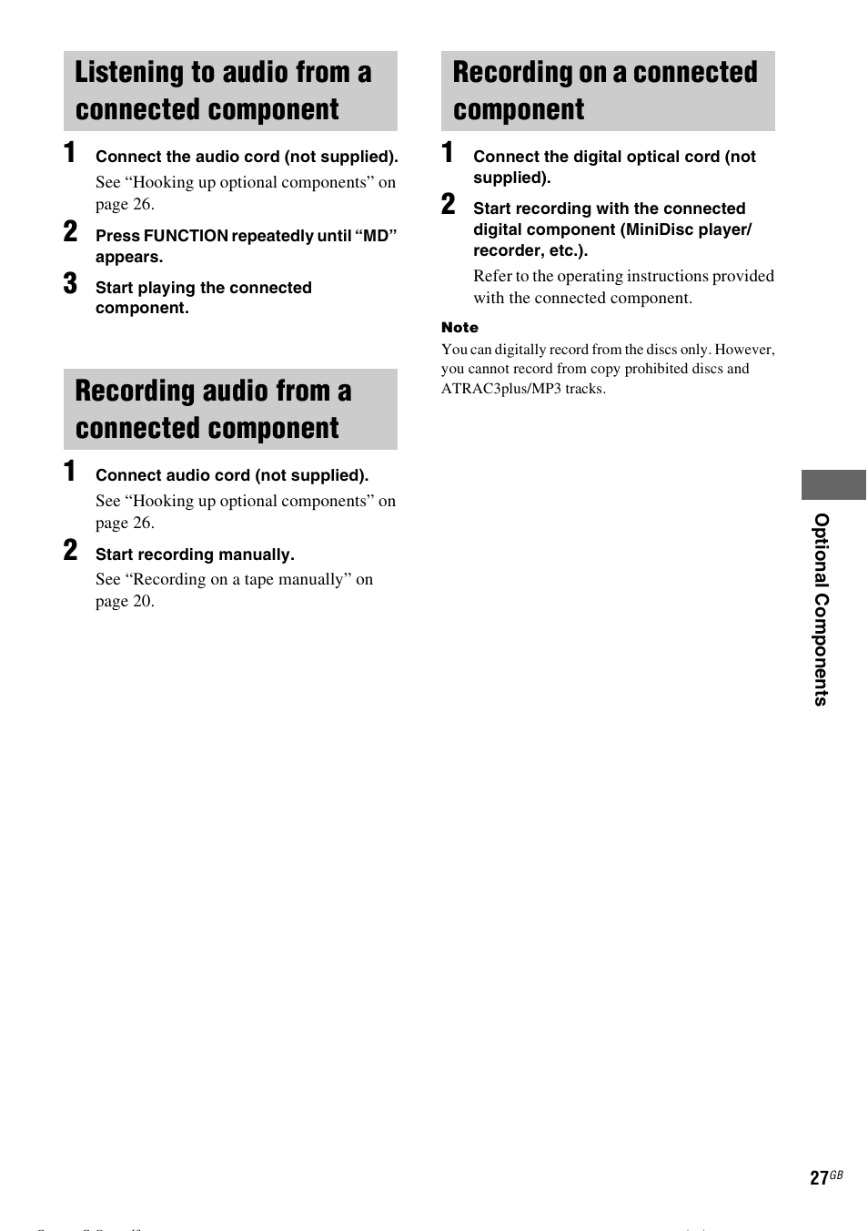 Listening to audio from a connected component, Recording audio from a connected component, Recording on a connected component | Listening to audio from a connected, Component, Recording audio from a connected, Recording on a connected | Sony CMT-CPZ1 User Manual | Page 27 / 36