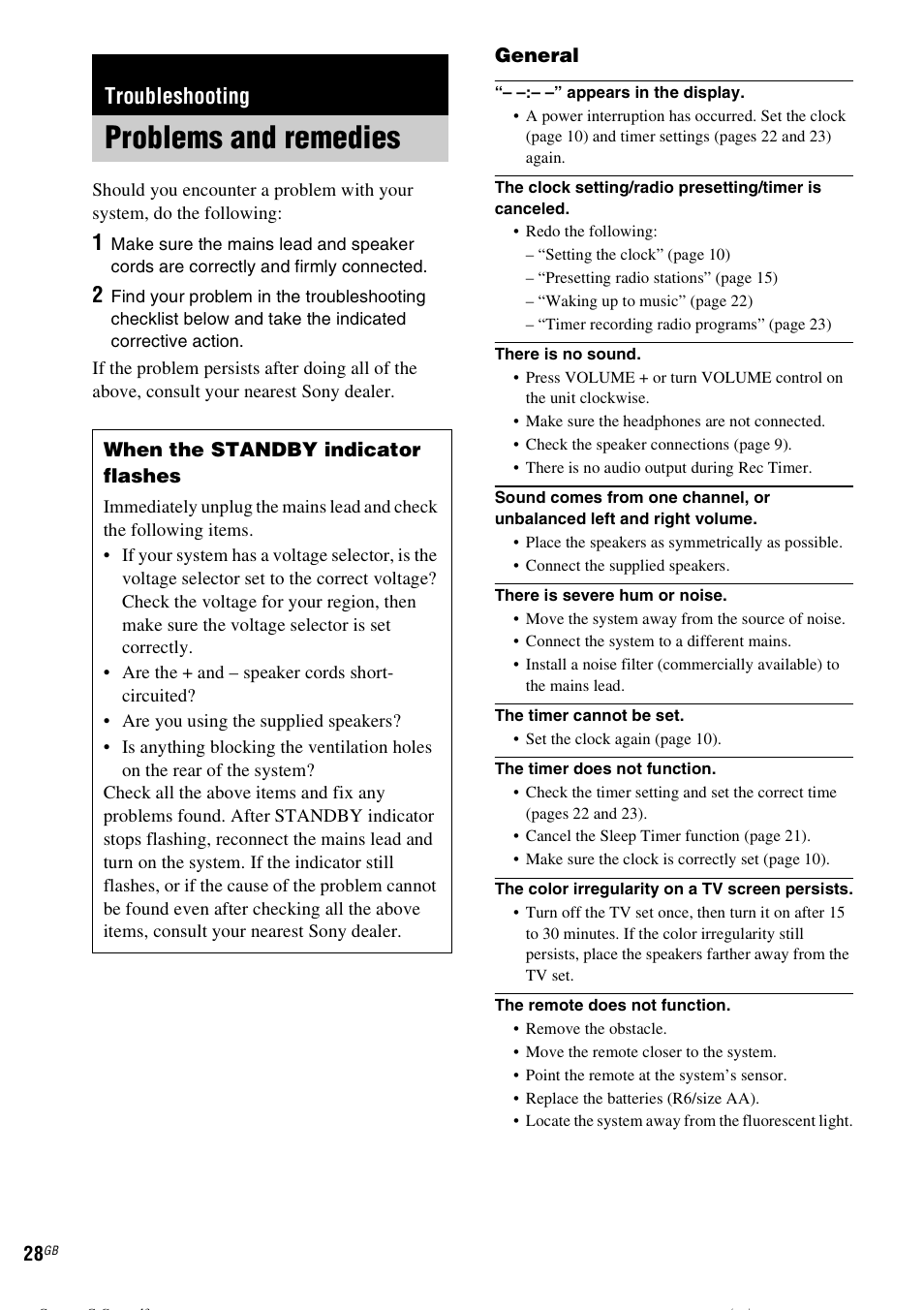 Troubleshooting, Problems and remedies | Sony CMT-CPZ1 User Manual | Page 28 / 36