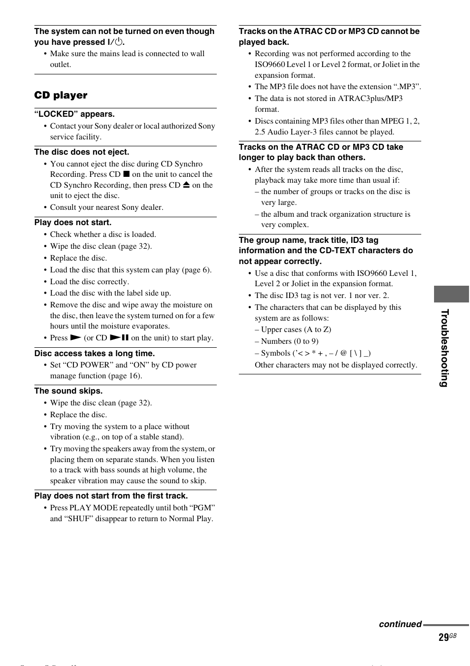 Trou b les hooti ng 29, Cd player | Sony CMT-CPZ1 User Manual | Page 29 / 36