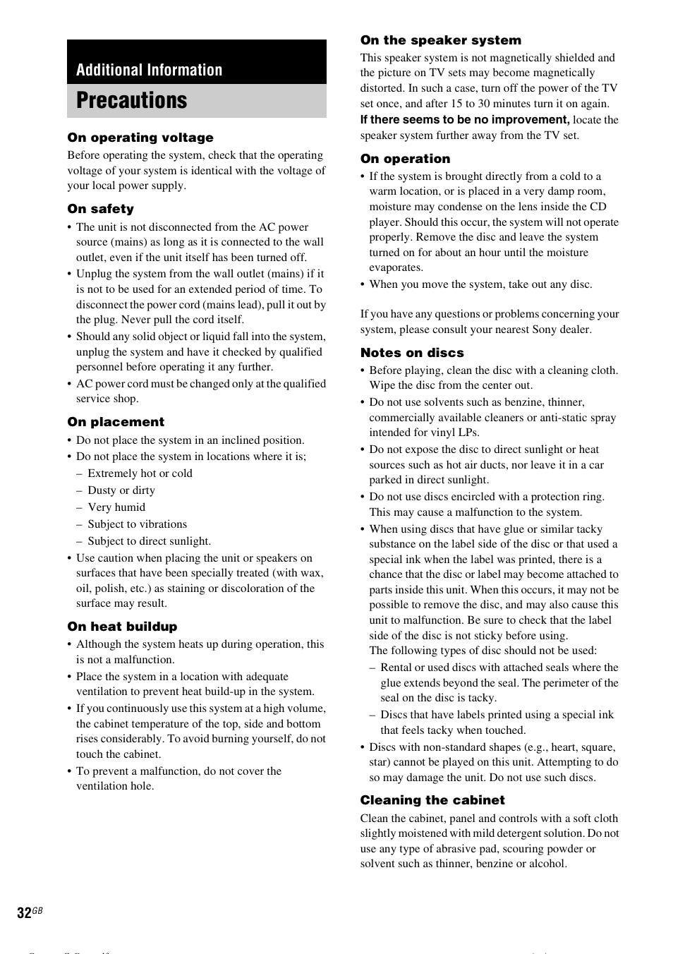 Additional information, Precautions | Sony CMT-CPZ1 User Manual | Page 32 / 36