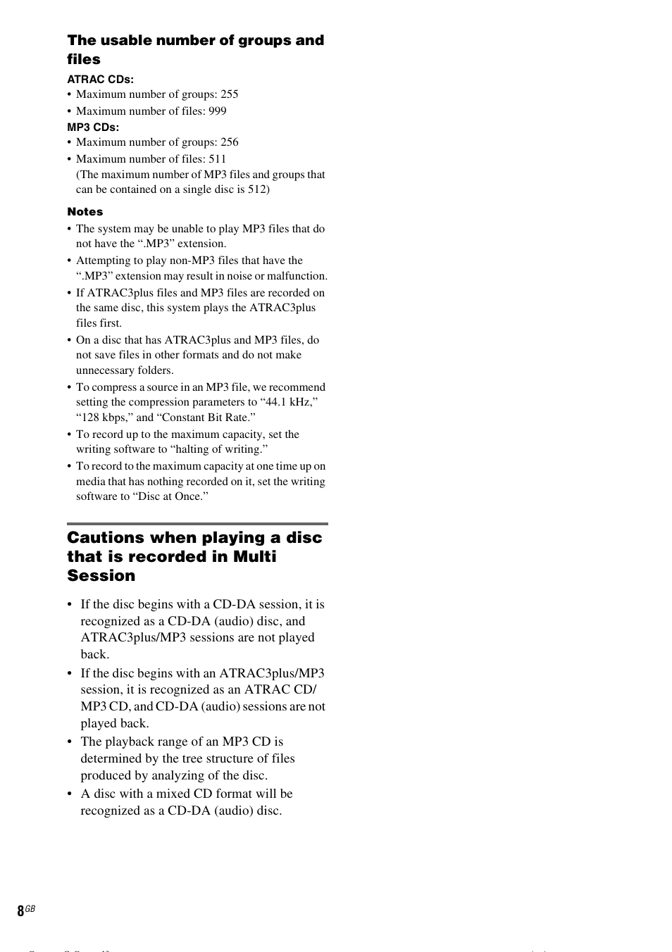 The usable number of groups and files | Sony CMT-CPZ1 User Manual | Page 8 / 36