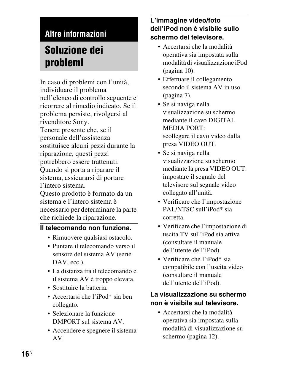 Altre informazioni, Soluzione dei problemi | Sony TDM-iP1 User Manual | Page 104 / 200