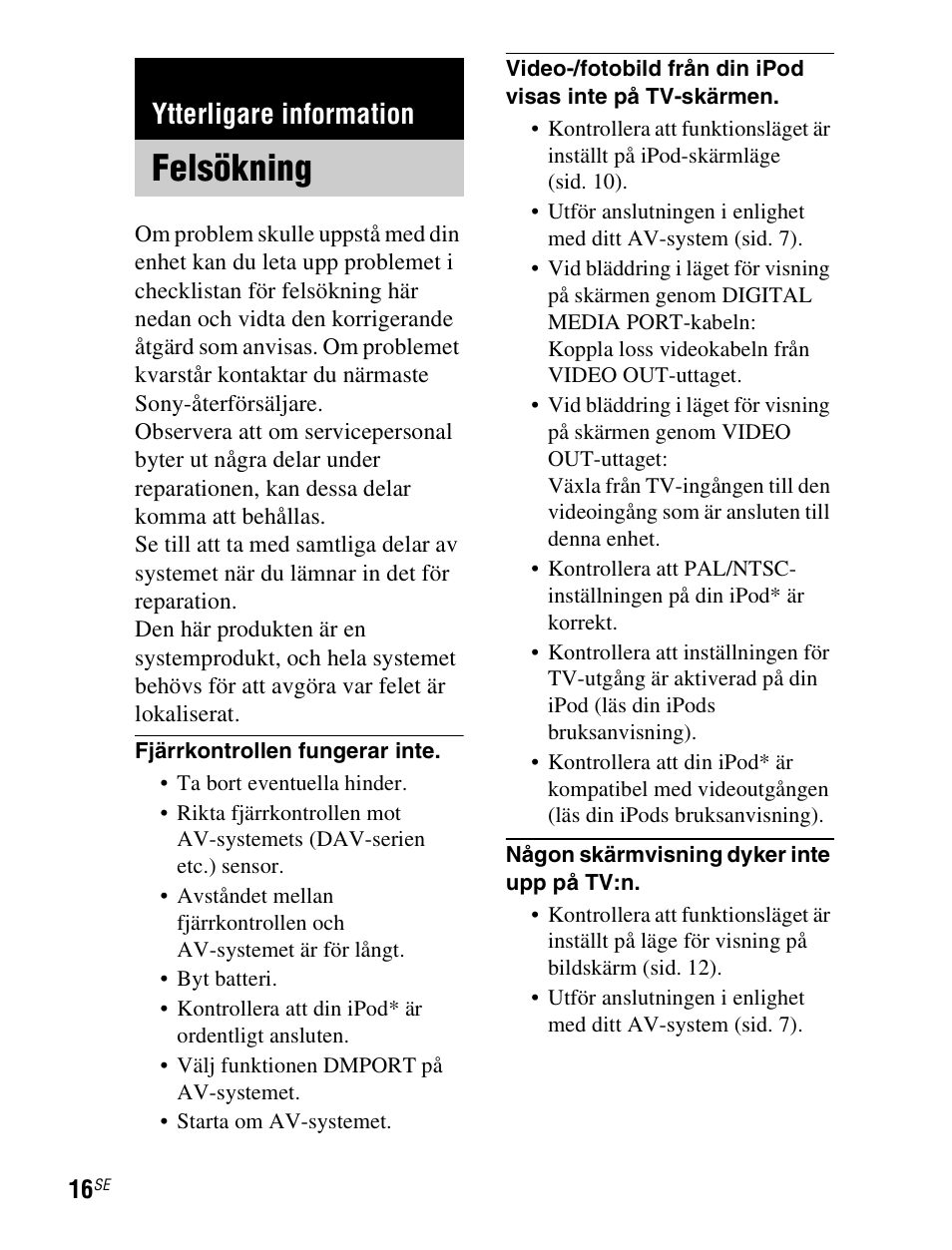 Ytterligare information, Felsökning | Sony TDM-iP1 User Manual | Page 122 / 200