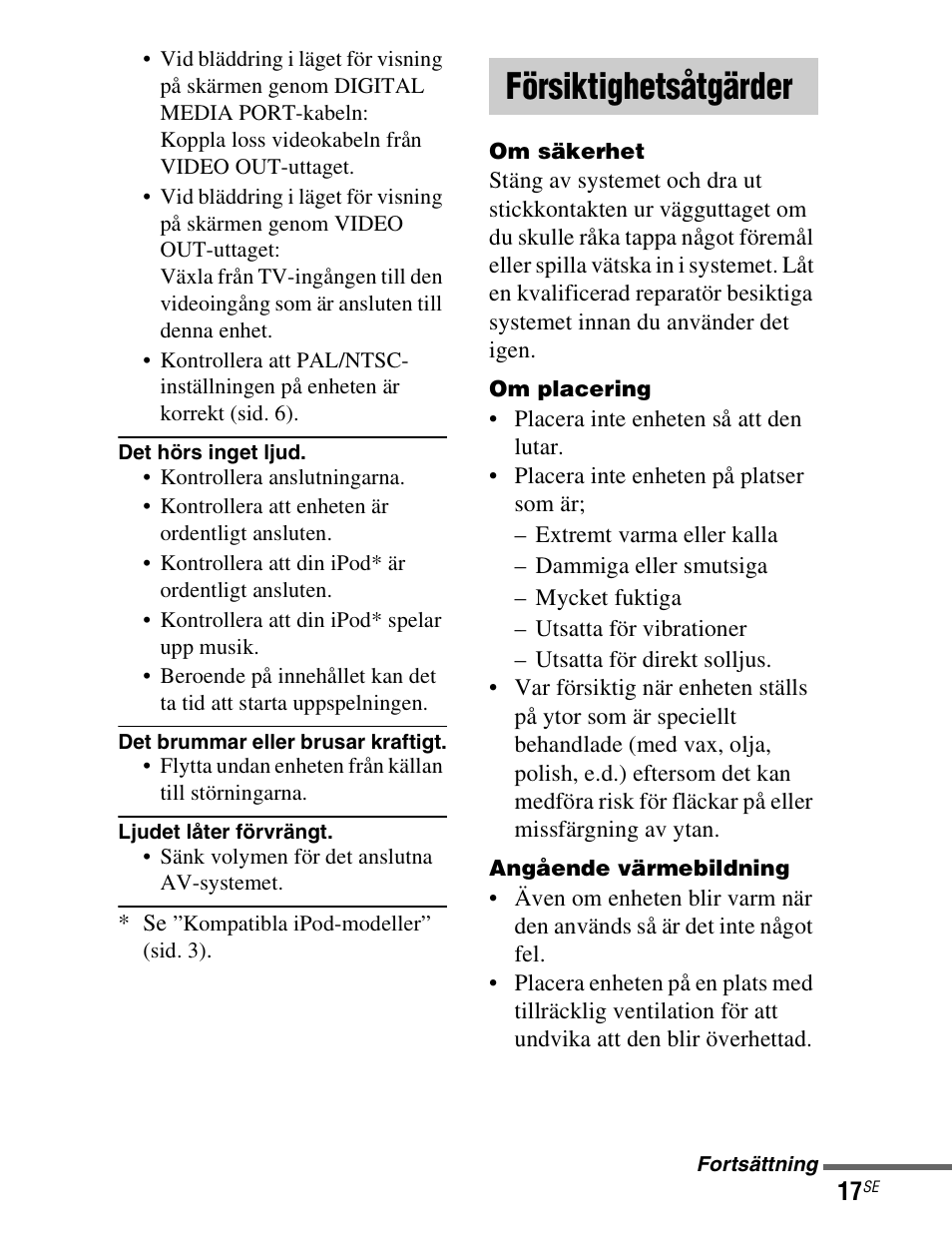 Försiktighetsåtgärder | Sony TDM-iP1 User Manual | Page 123 / 200