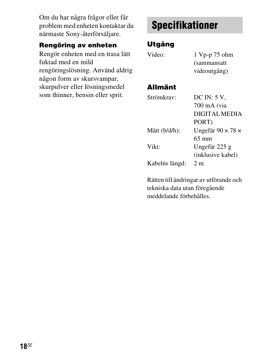 Specifikationer | Sony TDM-iP1 User Manual | Page 124 / 200