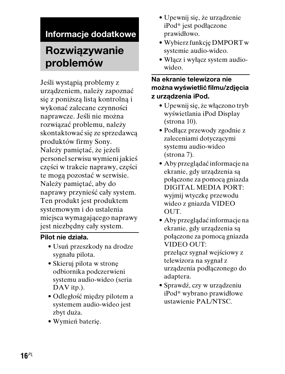 Informacje dodatkowe, Rozwiązywanie problemów, Rozwiązywanie | Problemów | Sony TDM-iP1 User Manual | Page 140 / 200