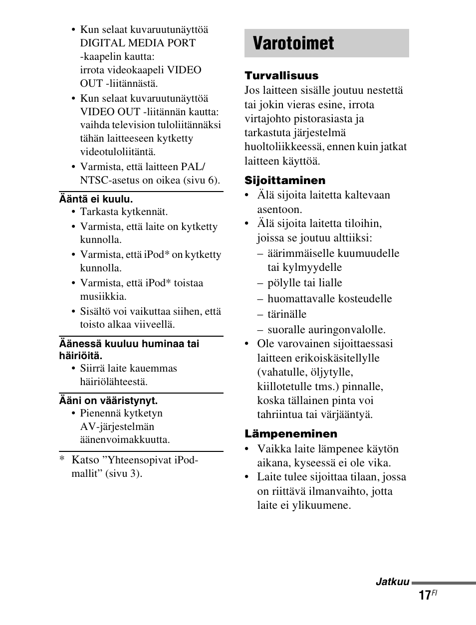 Varotoimet | Sony TDM-iP1 User Manual | Page 177 / 200