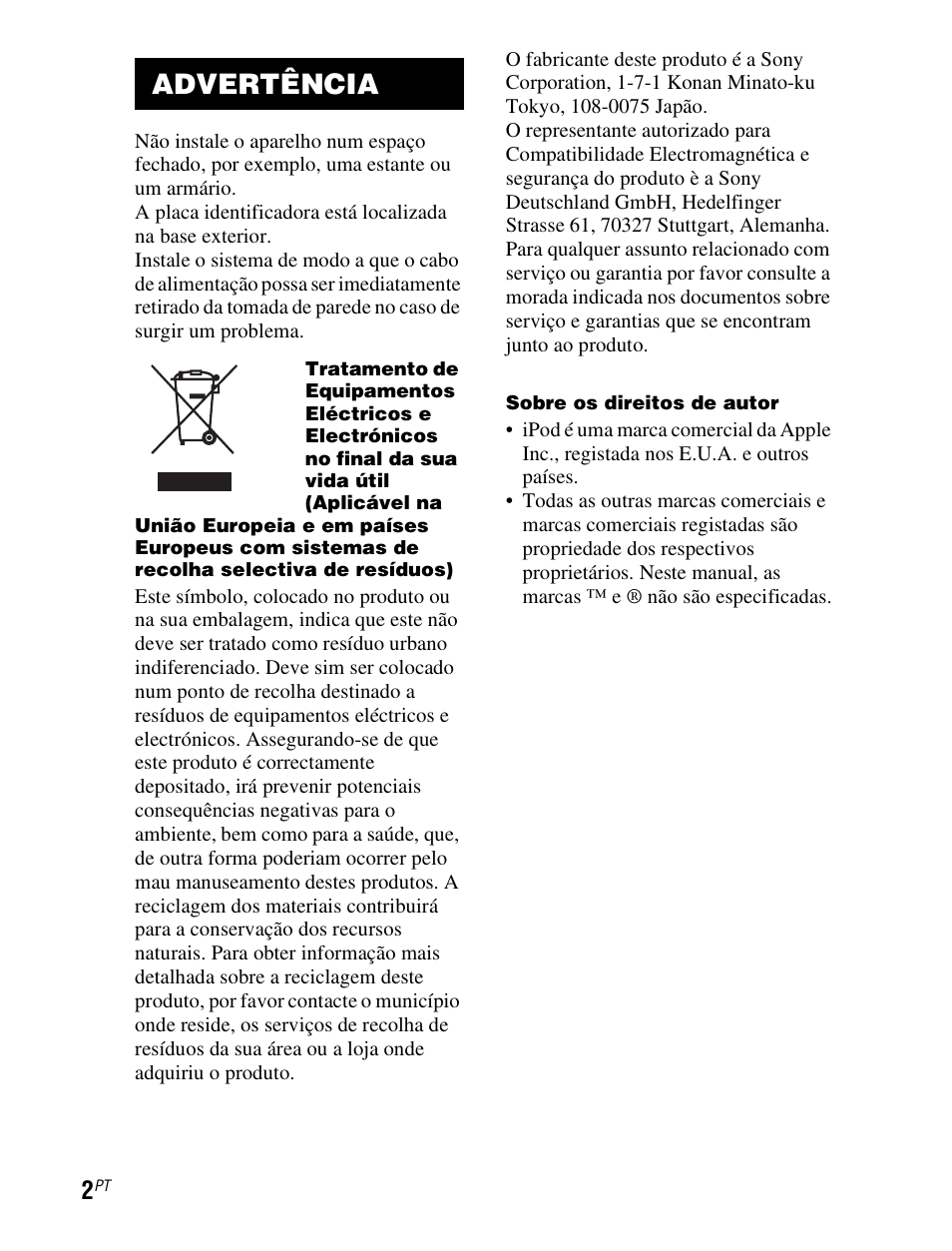 Advertência | Sony TDM-iP1 User Manual | Page 180 / 200
