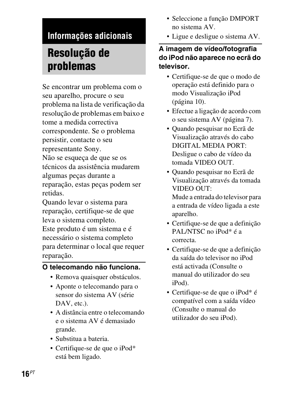 Informações adicionais, Resolução de problemas | Sony TDM-iP1 User Manual | Page 194 / 200