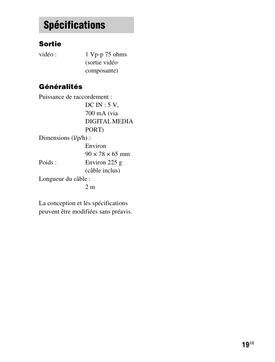Spécifications | Sony TDM-iP1 User Manual | Page 35 / 200