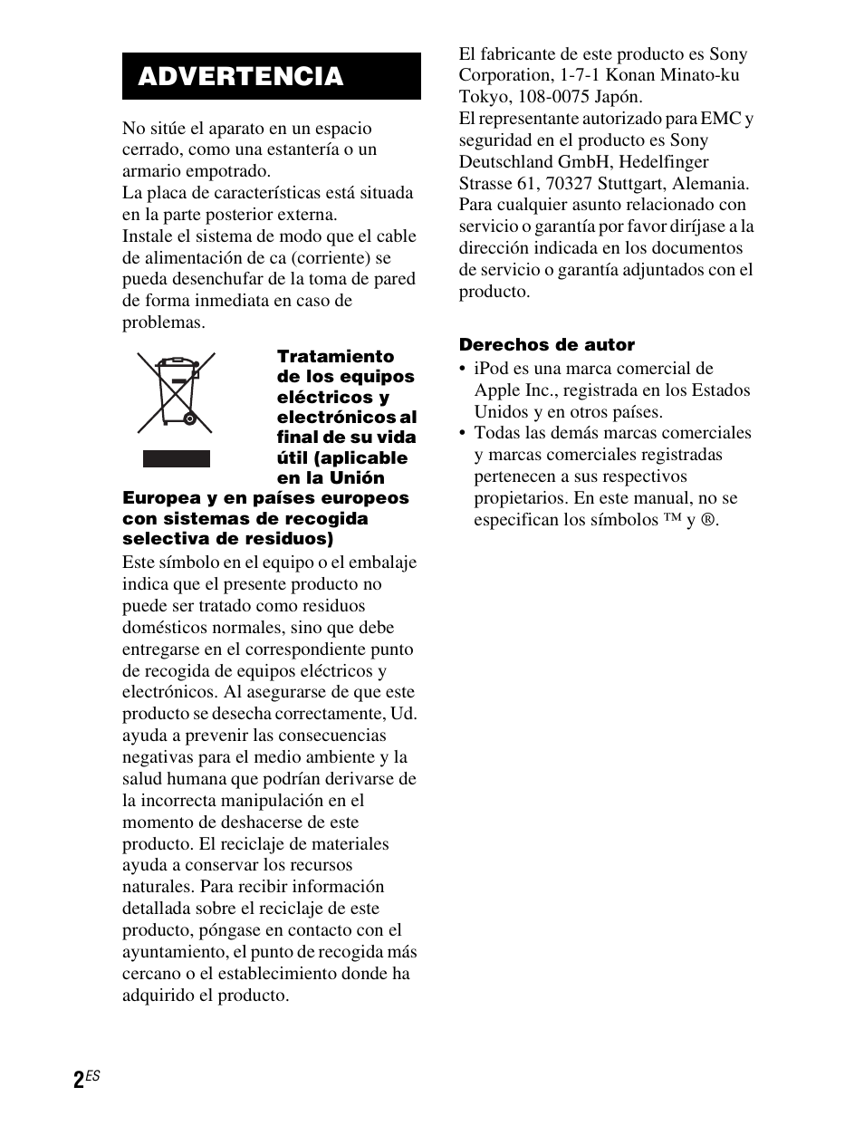 Advertencia | Sony TDM-iP1 User Manual | Page 36 / 200