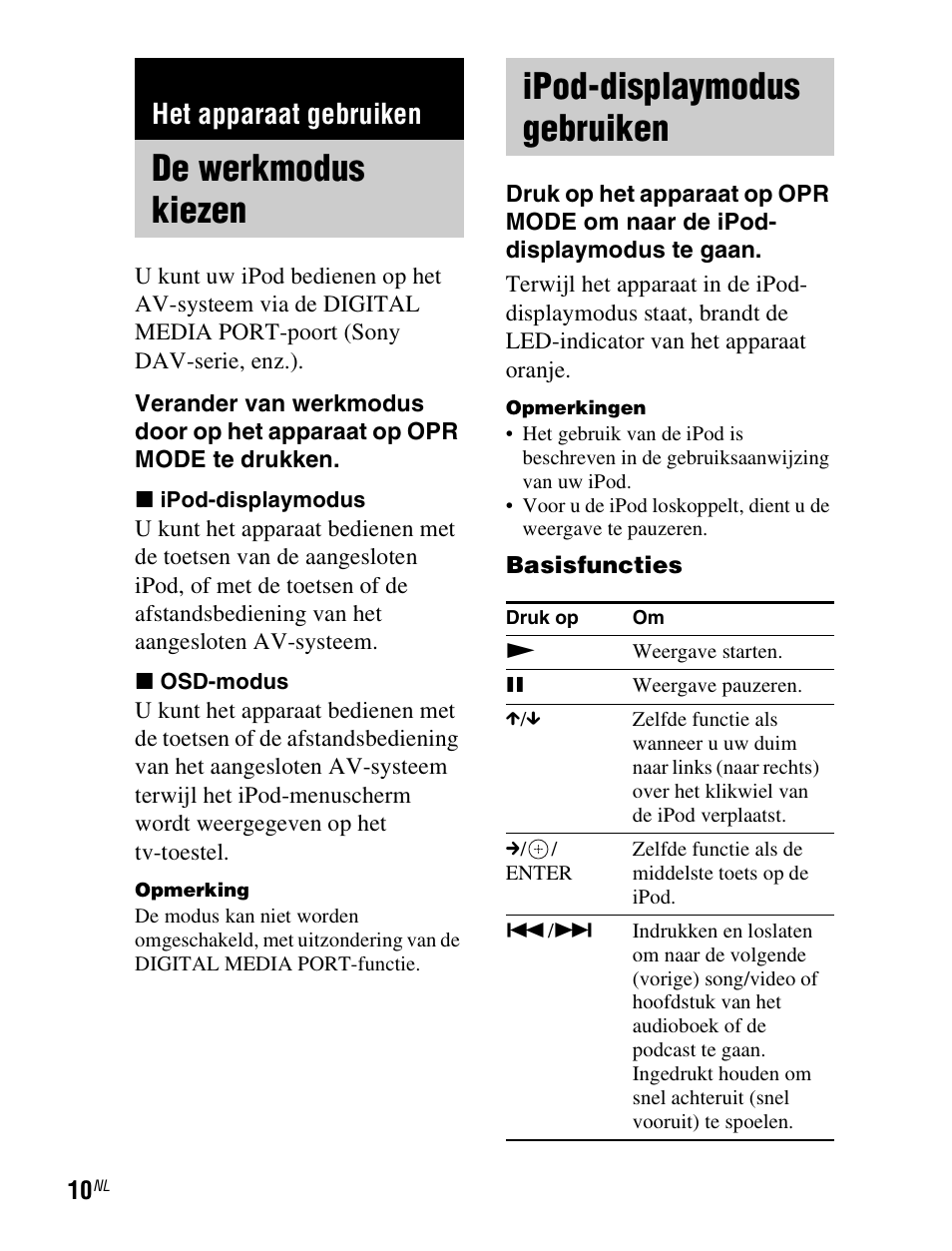 Het apparaat gebruiken, De werkmodus kiezen, Ipod-displaymodus gebruiken | De werkmodus kiezen ipod-displaymodus, Gebruiken, Blz. 10), Blz. 10, R (10), Dus (10), De werkmodus kiezen ipod-displaymodus gebruiken | Sony TDM-iP1 User Manual | Page 80 / 200