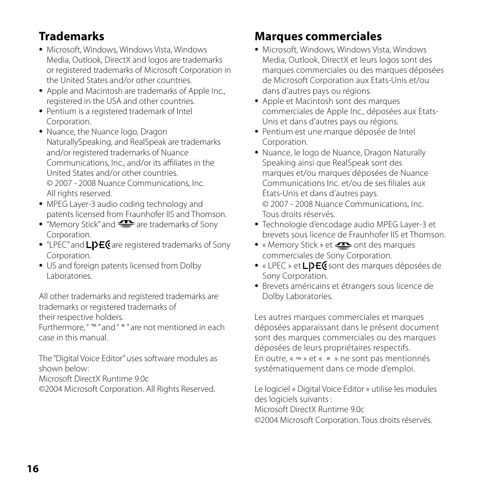 Trademarks, Marques commerciales | Sony ICD-PX720 User Manual | Page 58 / 60