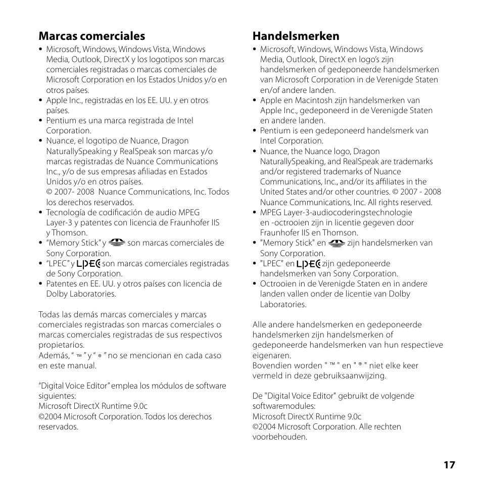 Marcas comerciales, Handelsmerken | Sony ICD-PX720 User Manual | Page 59 / 60