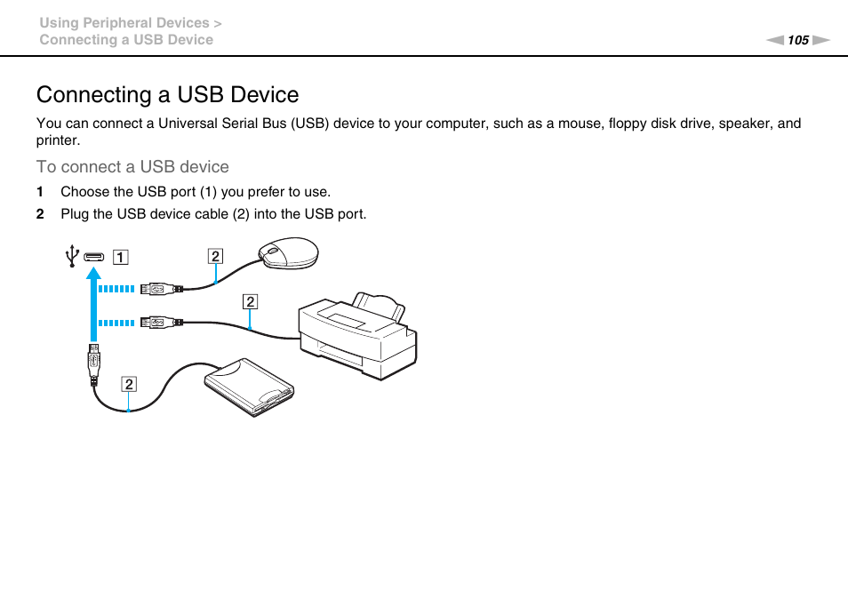 Connecting a usb device | Sony VAIO VGN-AW User Manual | Page 105 / 190