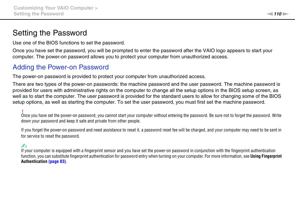 Setting the password, Adding the power-on password | Sony VAIO VGN-AW User Manual | Page 110 / 190