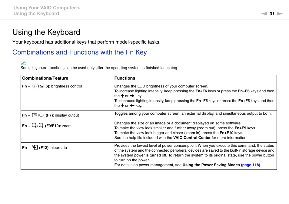 Using the keyboard, Combinations and functions with the fn key | Sony VAIO VGN-AW User Manual | Page 31 / 190
