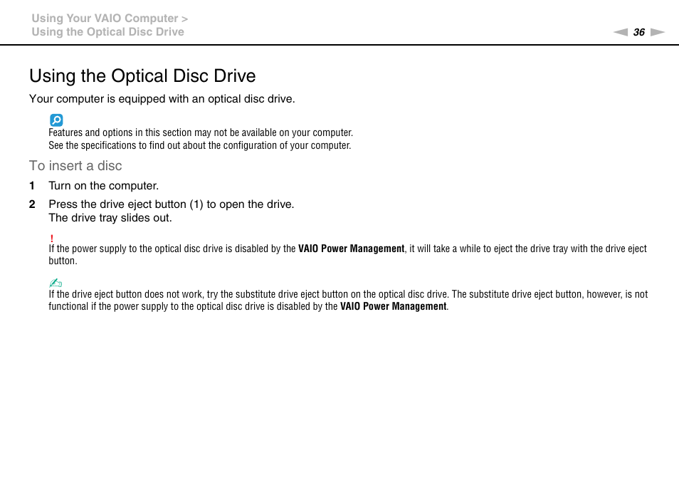 Using the optical disc drive | Sony VAIO VGN-AW User Manual | Page 36 / 190